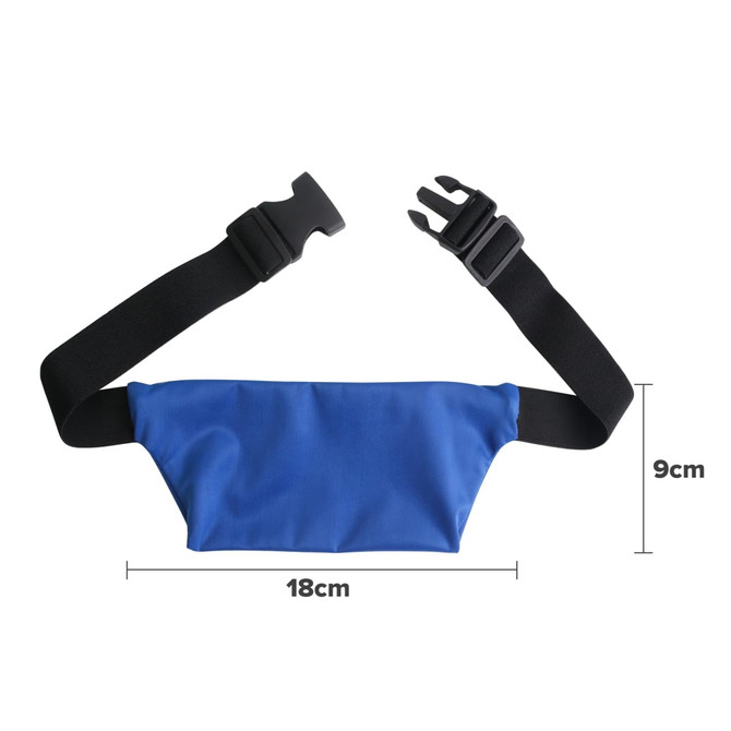 A blue waist bag with adjustable straps, featuring a clasp and a logo, measuring 18cm x 9cm.