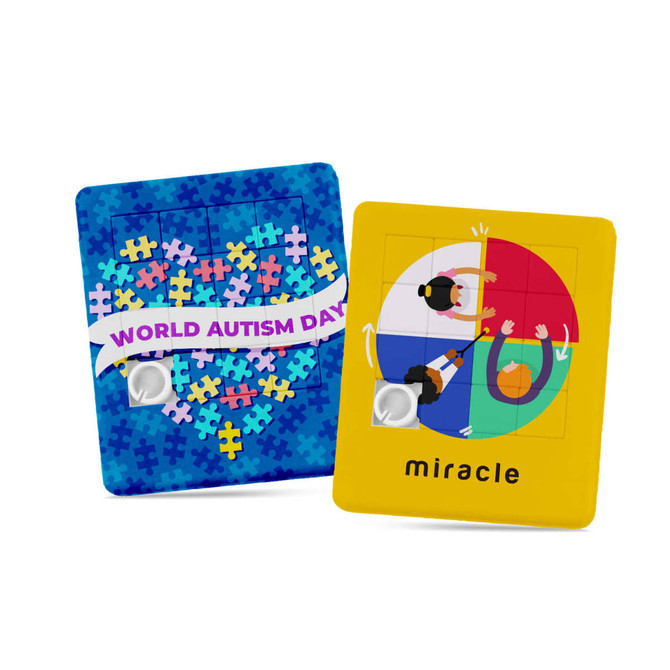 A vibrant sliding puzzle featuring colourful puzzle pieces and illustrations related to World Autism Day, with a branding logo.