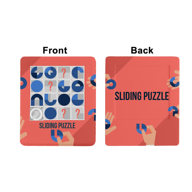 A sliding puzzle featuring a colourful front with geometric designs and a solid red back, showcasing hands holding pieces.