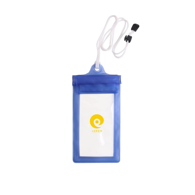 A blue waterproof phone bag with a neck string and a logo, designed for protecting devices from water.