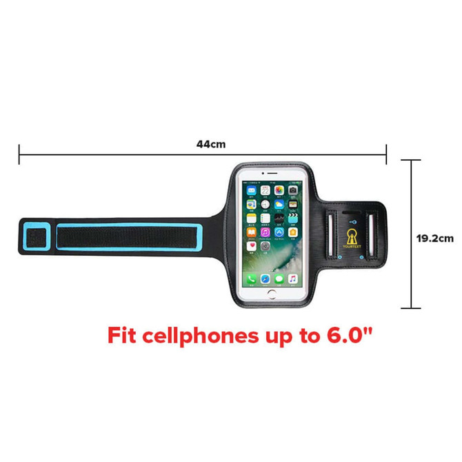 A black cell phone arm band with blue accents, designed to fit phones up to 6.0 inches, featuring a logo.