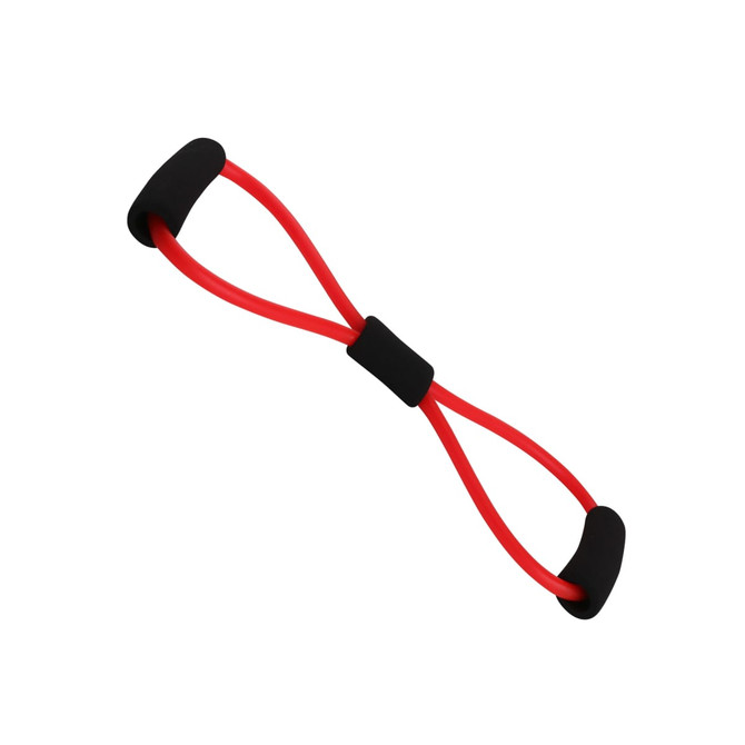 A red Figure 8 resistance band with black handles, designed for fitness and sports activities.