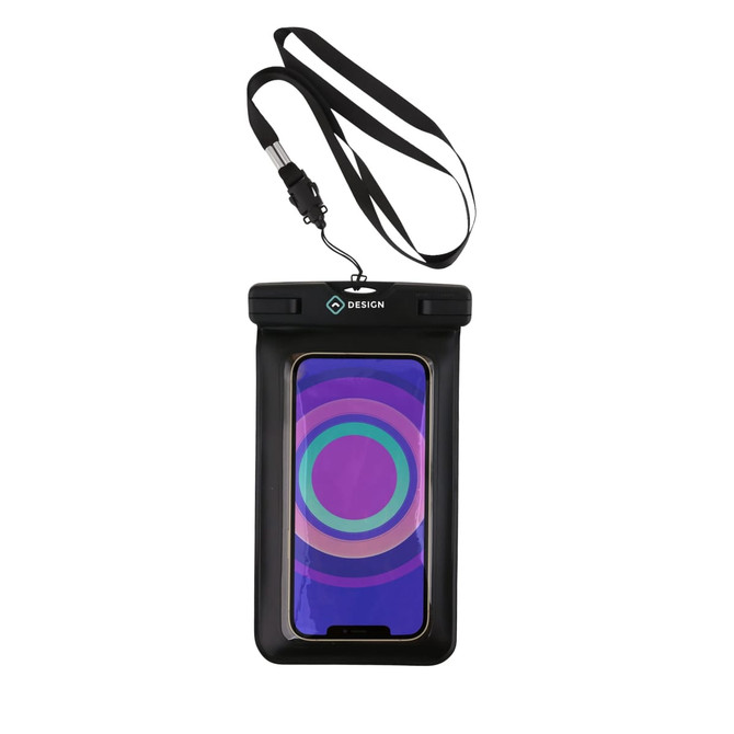 A waterproof phone bag in black with a clear front and strap, designed for universal compatibility.