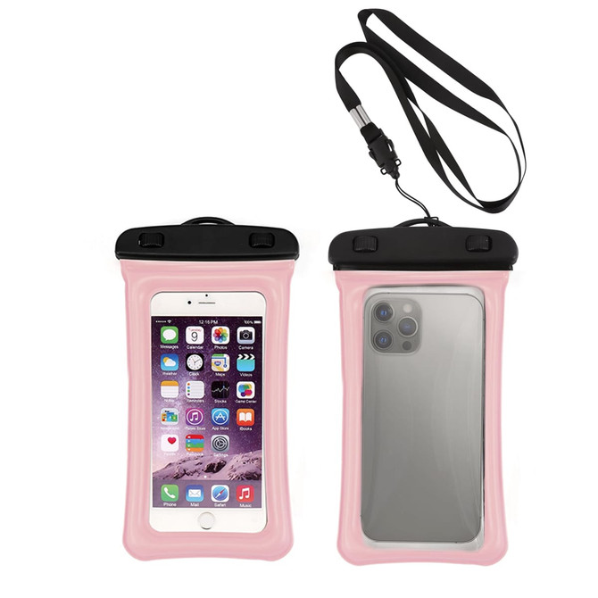A pink waterproof cellphone dry bag featuring a clear front and a black closure, with a lanyard attached.