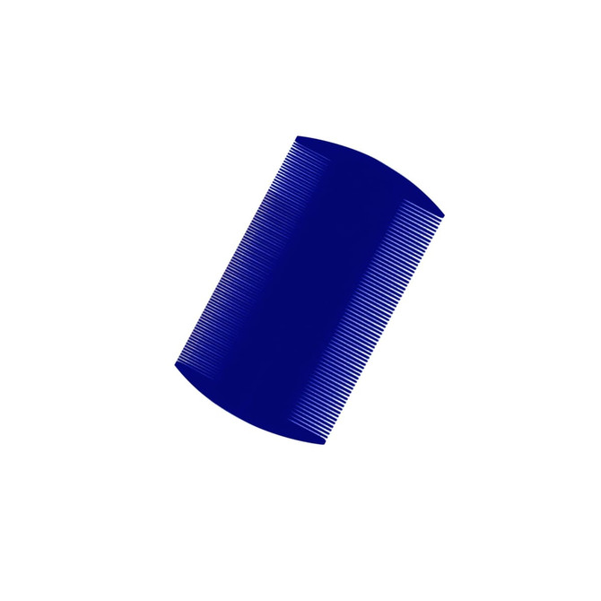 A navy blue pet flea comb with fine teeth, designed for grooming. It features a rounded edge and has a logo.