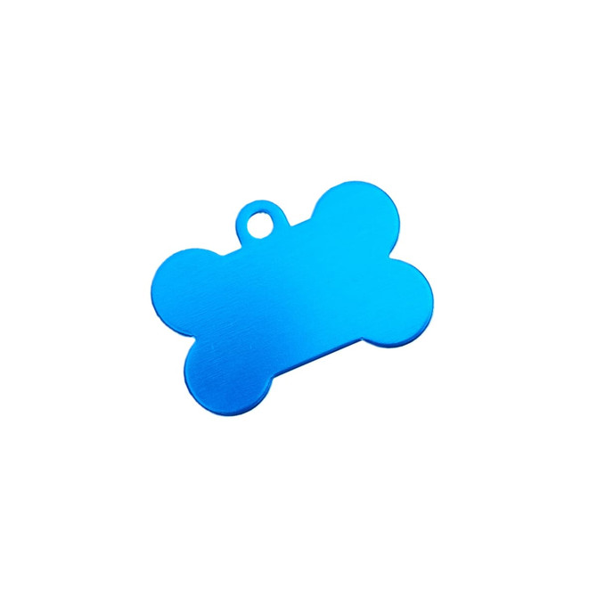 A blue bone-shaped pet ID tag with a hole for attaching to a collar, featuring a smooth finish.