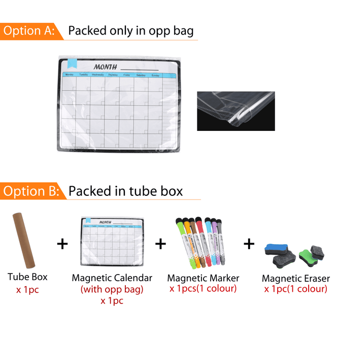 A magnetic calendar planner in a clear sleeve, featuring a monthly layout, with various markers and an eraser.