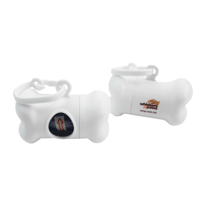 A white bone-shaped pet waste bag dispenser with a circular opening and a logo.