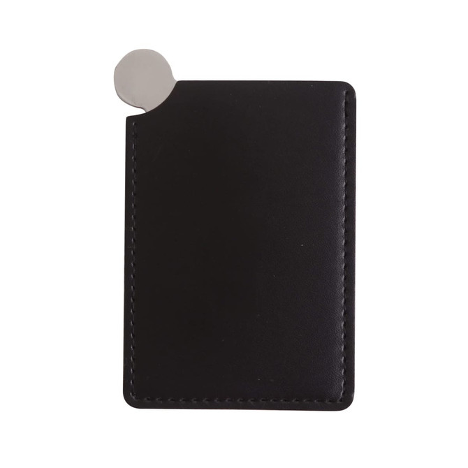 A black stainless steel portable mirror with a sleek, rectangular design and a rounded edge for easy handling.