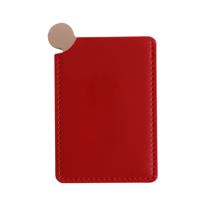 A red portable mirror with a smooth surface and a round thumb lift for easy access. Features a logo.