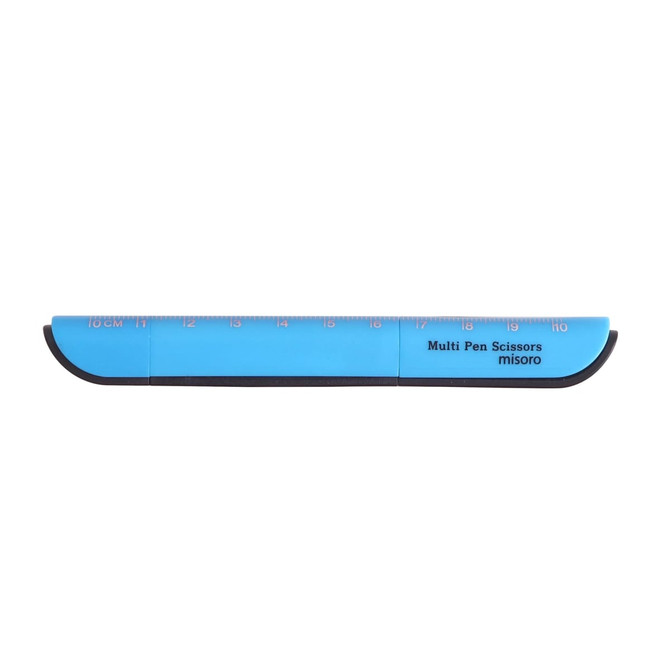 A pair of multifunctional scissors in blue with a ruler along the edge, featuring a logo.