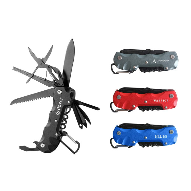 A multifunction pocket knife in black with various tools, alongside three additional knives in grey, red, and blue.