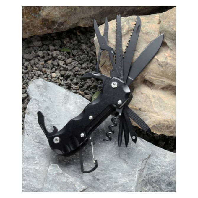 A multifunction pocket knife with multiple tools, including blades, a corkscrew, and a carabiner, in black.