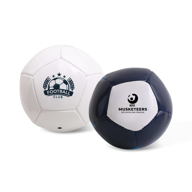 A mini soccer ball featuring white and navy colours with logos on each side.