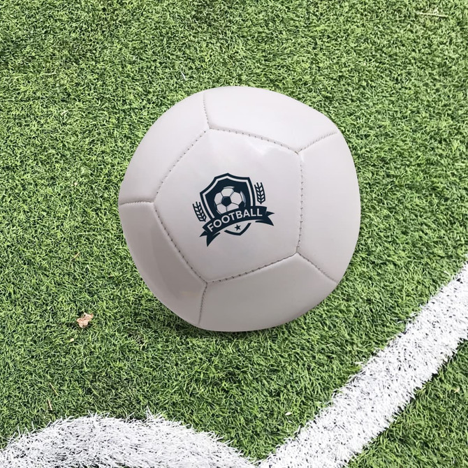 A mini soccer ball in white with a logo, resting on green artificial grass beside a white line.