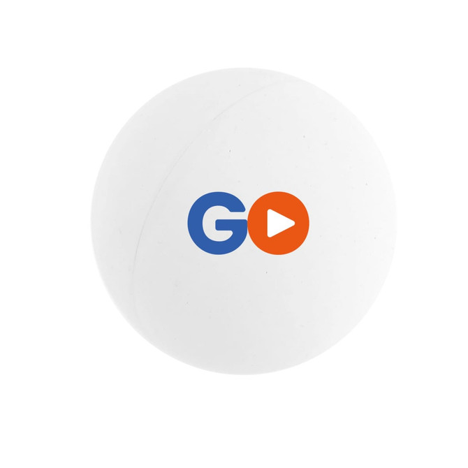 A white bouncy ball with a logo featuring blue and orange colours.