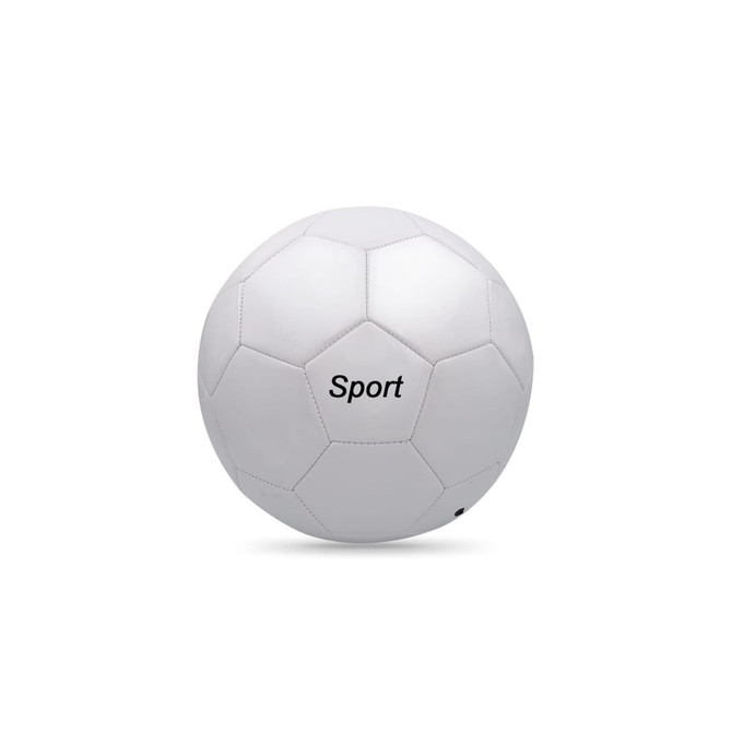 A white soccer ball featuring a hexagonal design and a branded logo.