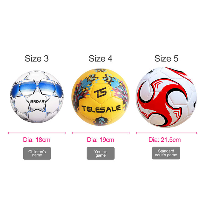 Three soccer balls labelled by size: a silver and blue size 3, a yellow size 4 with a colourful pattern, and a red and white size 5.