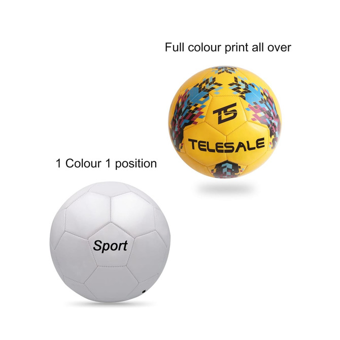 A yellow training soccer ball with colourful designs and a white soccer ball featuring the word "Sport" in black.