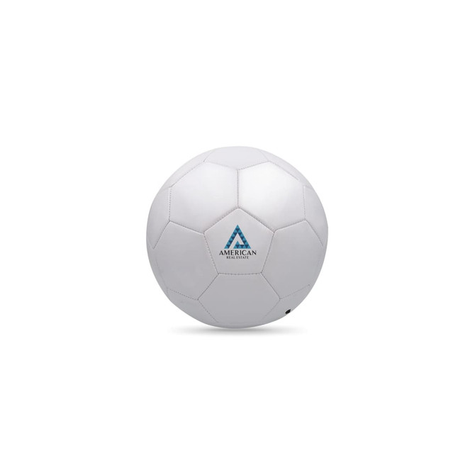 A white promotional soccer ball featuring a logo on one side. The ball has a classic pentagonal design.