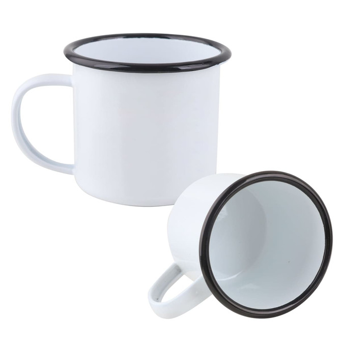 A 350ml white enamel camping mug with a black rim and one mug tilted on its side. It features a handle and a logo.