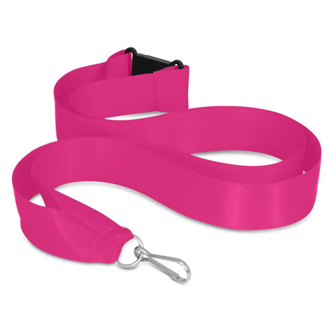 A bright pink ribbon lanyard with a clip attachment and a safety breakaway feature.