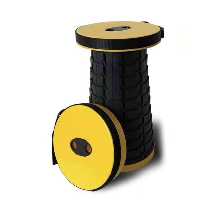 A telescopic stool in black and yellow, featuring a round top and removable lid, with a logo on the surface.