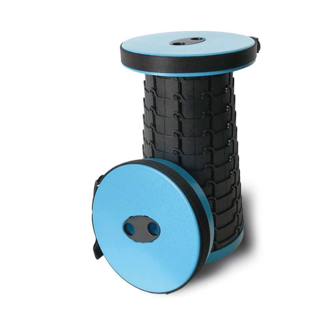 A blue and black telescopic stool with a round top and base, featuring a cylindrical woven design.