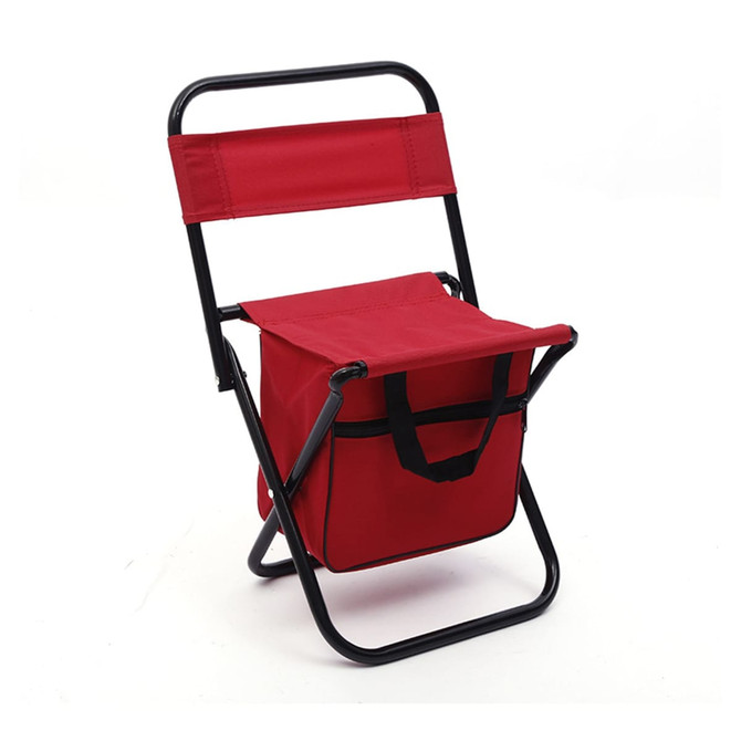 A red foldable camping chair with a black frame and an attached bag underneath.