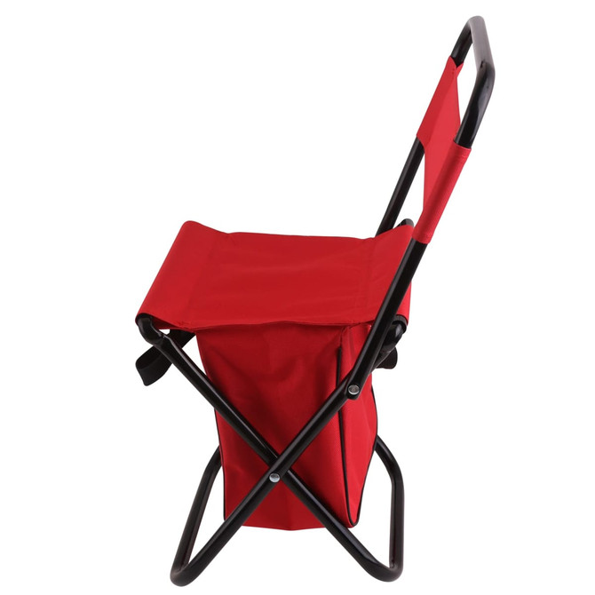 A foldable camping chair in red with a sturdy black frame, designed for children, featuring a compact carry bag.