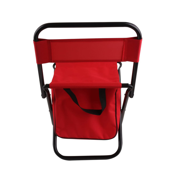 A red children's foldable camping chair with a black frame and attached bag for storage. It features a simple design for portability.