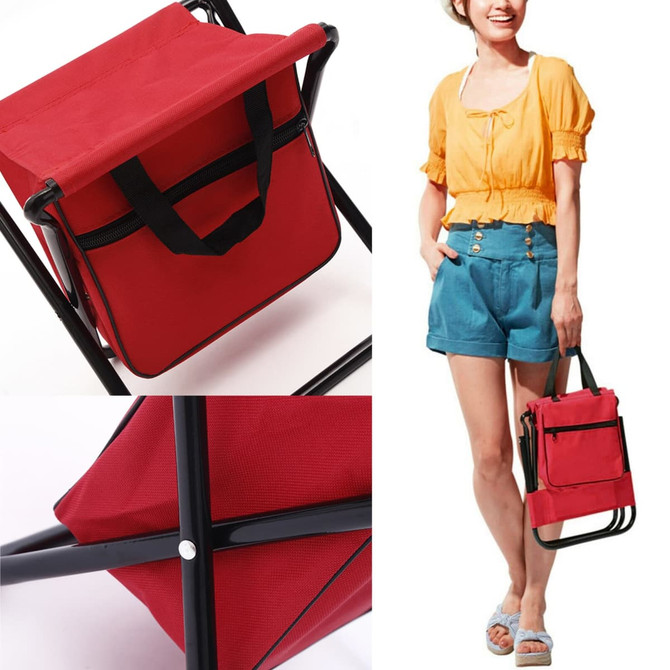 A red foldable camping chair with a bag, featuring a sturdy frame and two carrying handles.