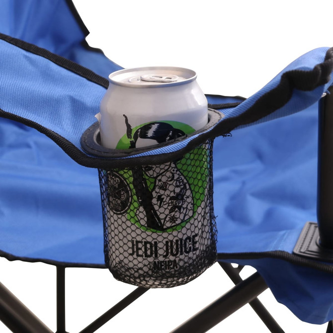 A blue camping chair featuring a mesh cup holder with a drink can. The chair is foldable and portable.