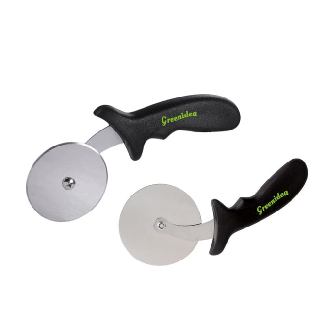 A pizza cutter set featuring two stainless steel blades with black handles, one larger and one smaller.
