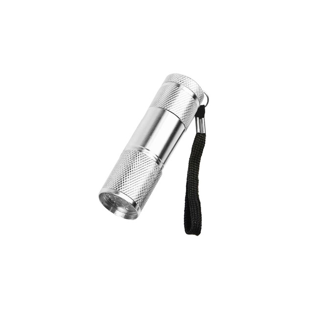 A silver portable LED torch with a textured grip and a black wrist strap.