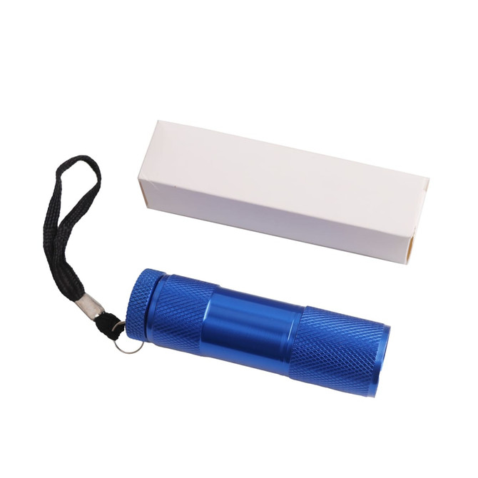 A blue portable LED torch with a textured grip and a lanyard, next to a plain white box.
