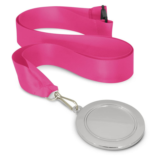 A silver podium medal with a blank centre, attached to a pink ribbon.
