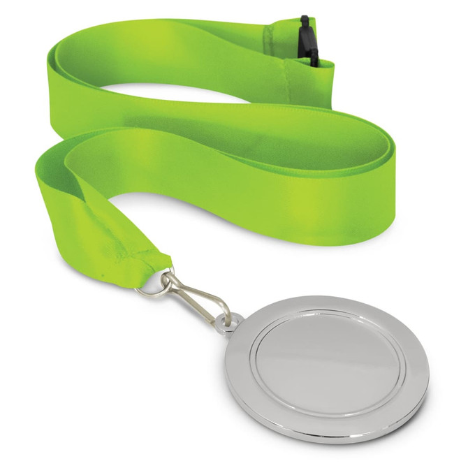 A Podium Medal with a blank silver circular medal attached to a bright green ribbon.