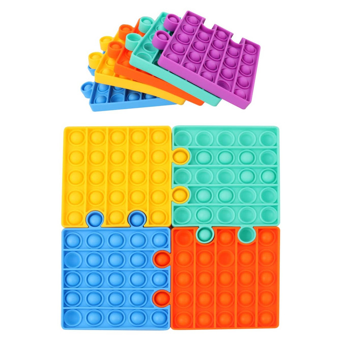 Puzzle Shape Pop It fidget toy featuring vibrant colours: purple, orange, teal, and blue in a stack and arranged layout.