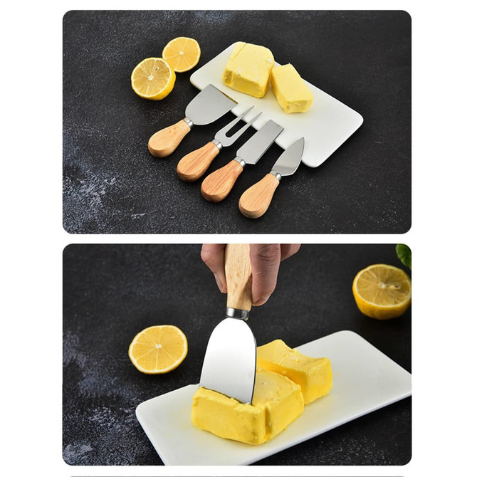 A cheese board set with four stainless steel knives featuring wooden handles, displayed with butter and lemons on a white plate.