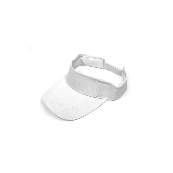 A white sport visor with an adjustable strap and a simple design. It features a logo on the front.