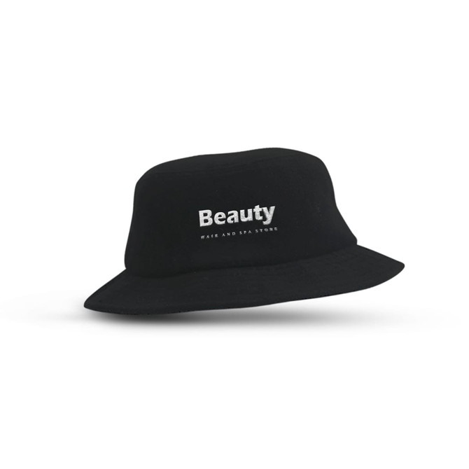 A black terry towelling bucket hat with a logo on the front. Ideal for leisure and outdoor activities.