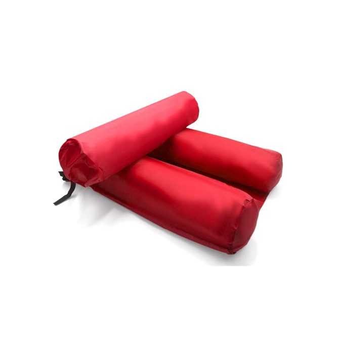 An inflatable floating chair in bright red, featuring two cylindrical sections with a securing strap.
