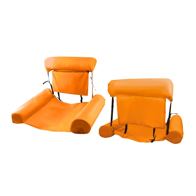 An inflatable floating chair in bright orange, featuring a backrest and side supports. It includes a logo.