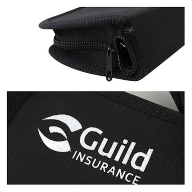 A black pouch with a zip closure, featuring a logo.