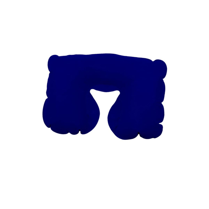 An inflatable travel pillow in navy blue, featuring a rounded design for comfort and support, with a logo present.