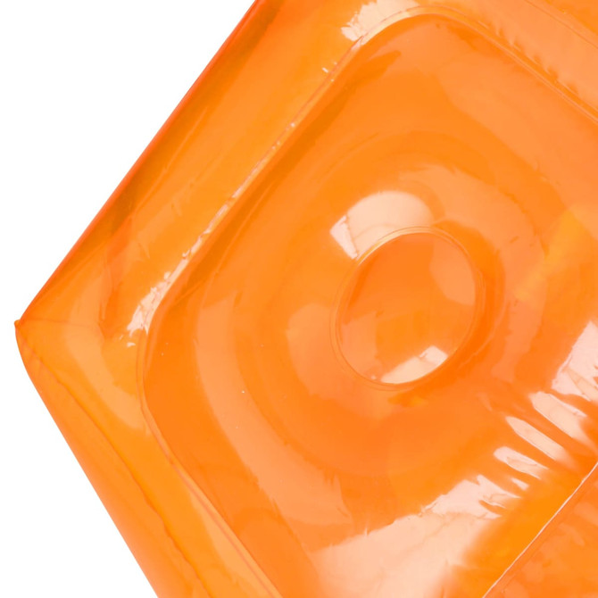 An inflatable chair in vibrant orange, featuring a smooth surface and rounded edges. It has a logo visible on it.