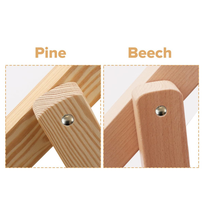 Close-up of two wooden frames displaying pine on the left and beech on the right, highlighting their textures and styles.