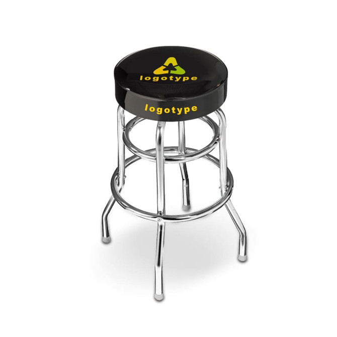 A black barstool with a chrome base and a logo on the seat. Ideal for home or living spaces.