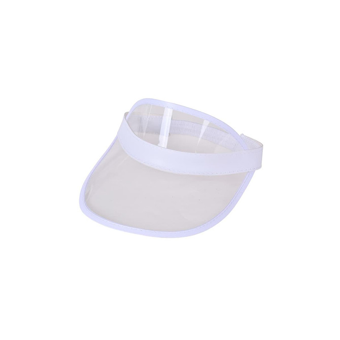 A white PVC sunscreen hat with a clear visor and a white band. It features a logo on the band.
